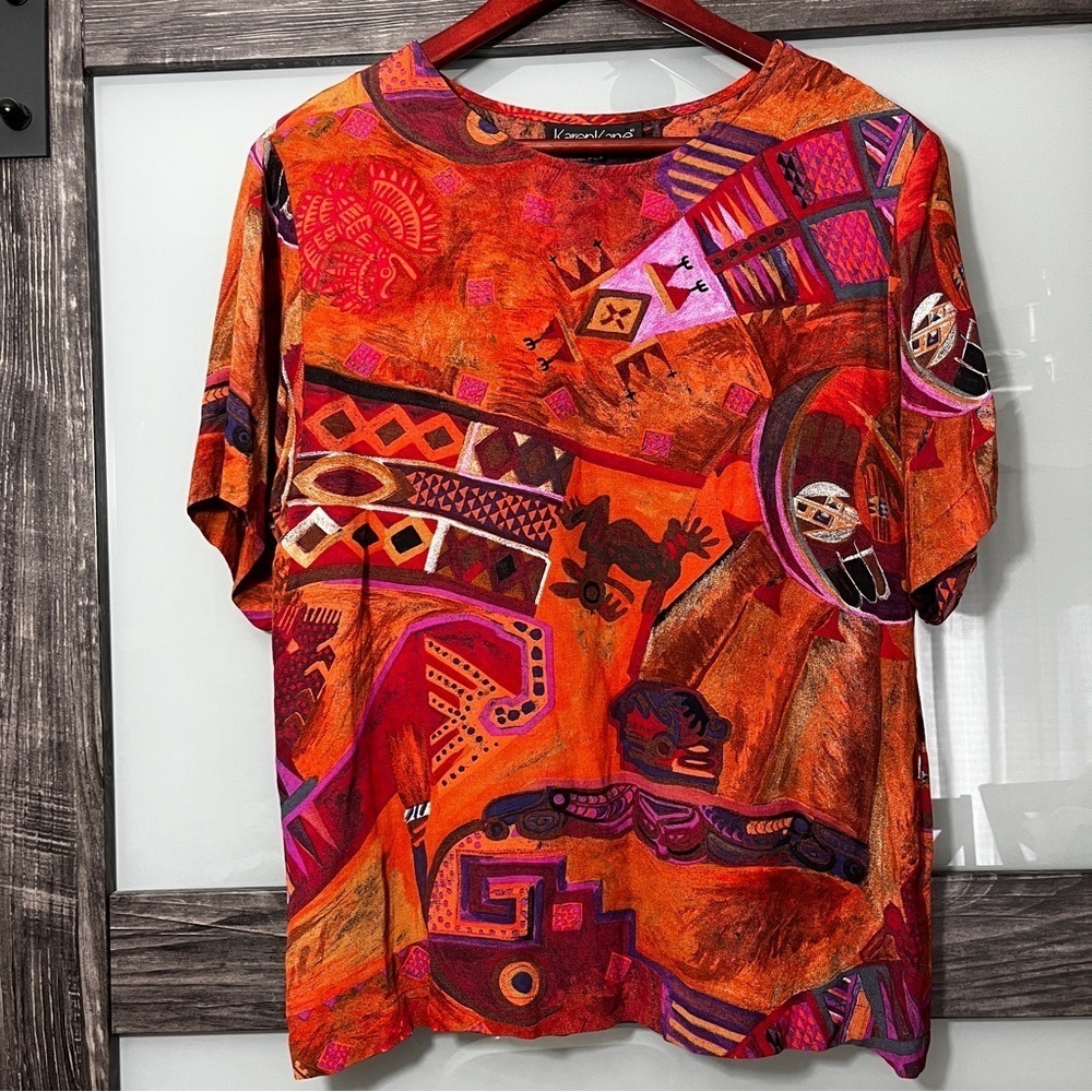 Vintage Karen Kane Multicolor Abstract Top Wearable Art Orange & Brown Statement